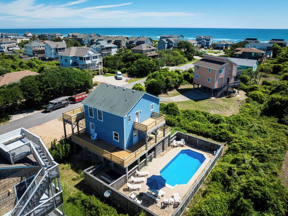 Duck Duck Dunes: Bird’s Eye View of the House with Private Pool Area for an Exclusive Outdoor Retreat