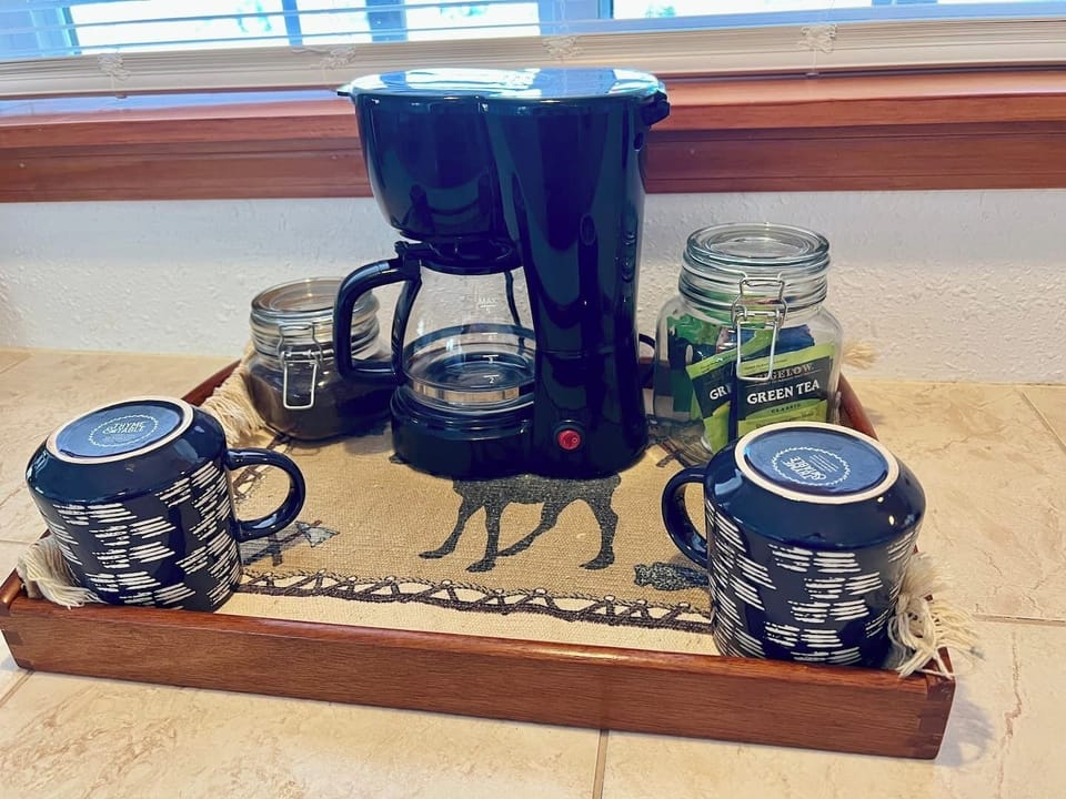 Coffee/Tea tray includes freshly ground organic coffee and a variety of teas.