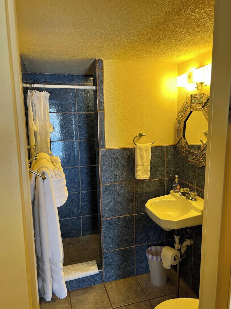 Bathroom with walk-in tiled shower.