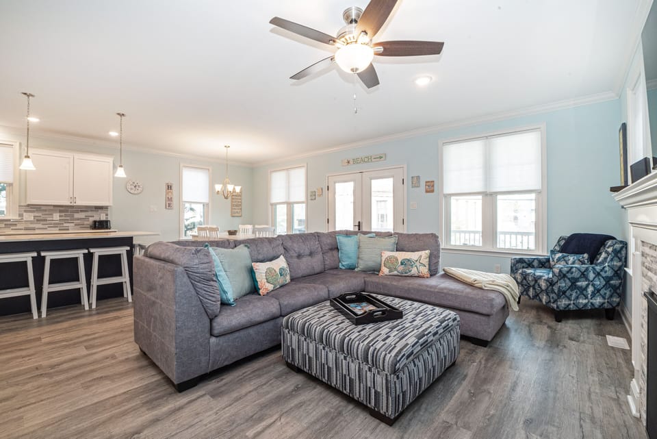 Spacious and beachy open-concept living area