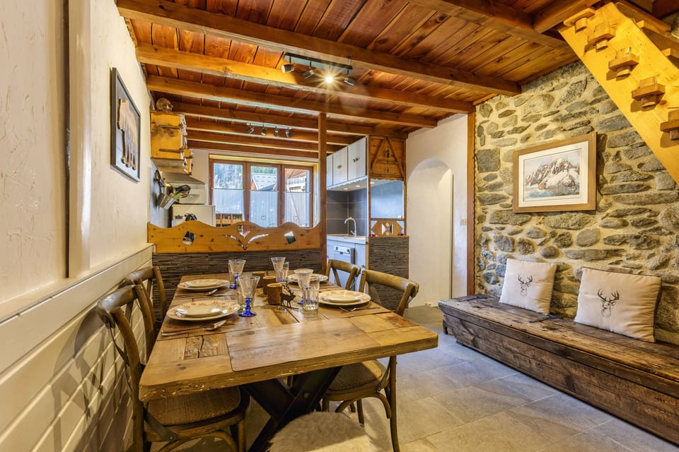 Old wood and stone walls in dining area