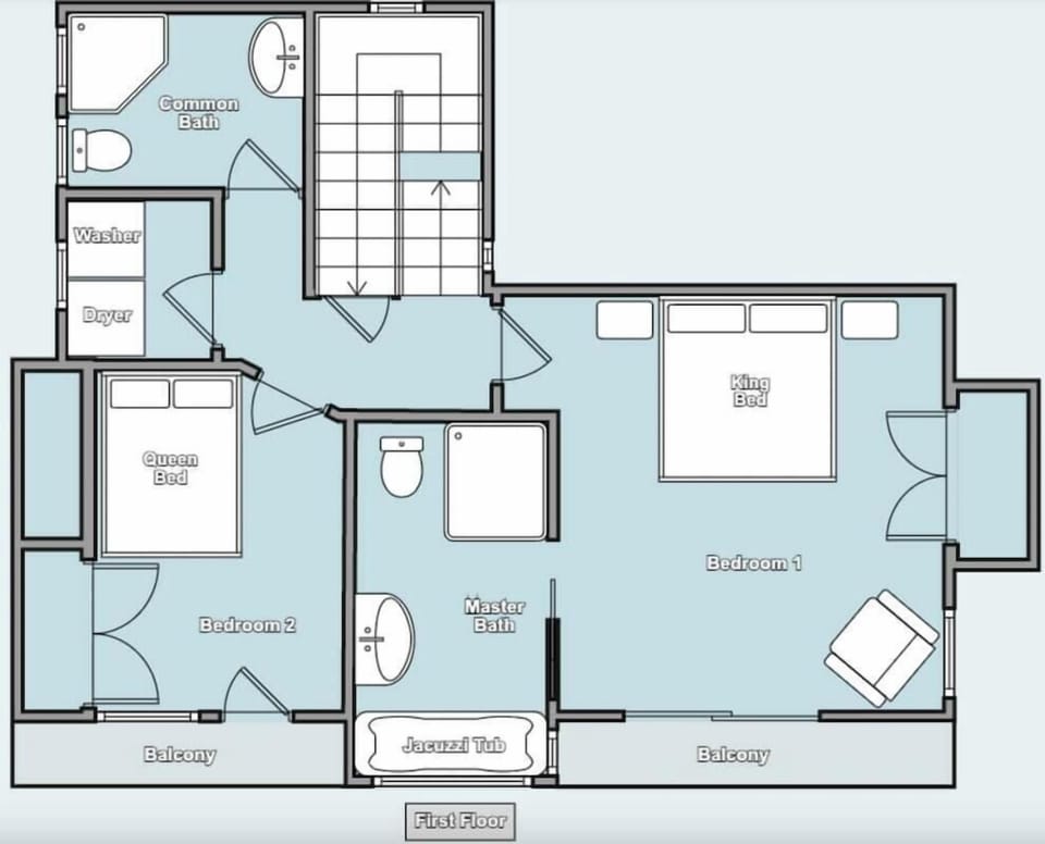 The first floor includes bedrooms 1 and 2, each with its own private ocean-view balcony.  Bedroom 1 features a king bed and bath with whirlpool tub, while bedroom 2 includes a queen bed.  The floor also has a 2nd full bath and separate laundry room.