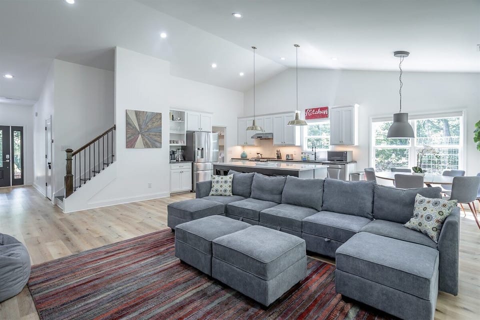 open concept kitchen, living room, and dining