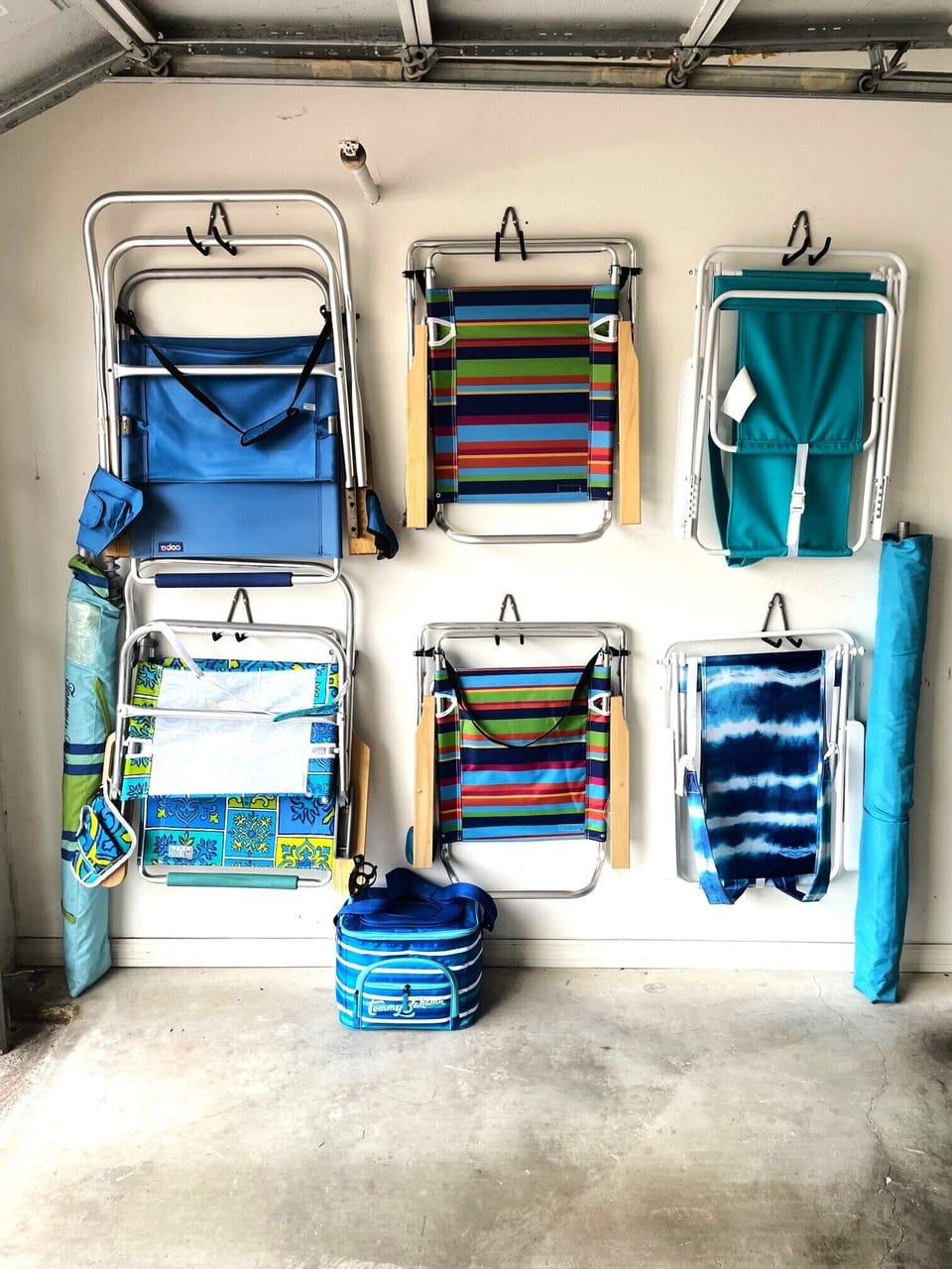 Beach chairs, umbrella, cooler