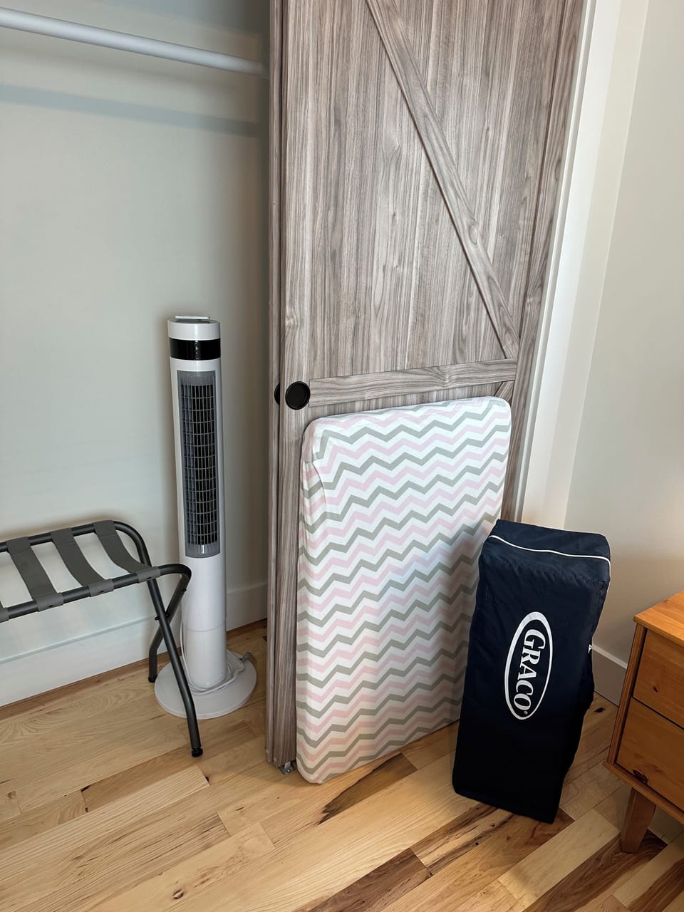 Pack n Play and mattress on site. Tower fans in each bedroom. 