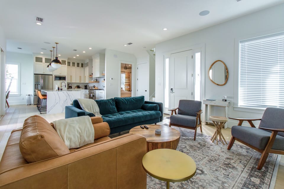 Plush Teal sofa, 3 accent chairs
