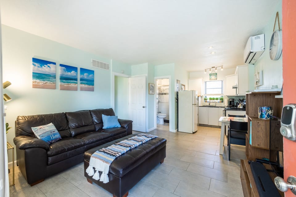 Entering unit you see living, kitchen, dining area, bathroom and bedroom door.