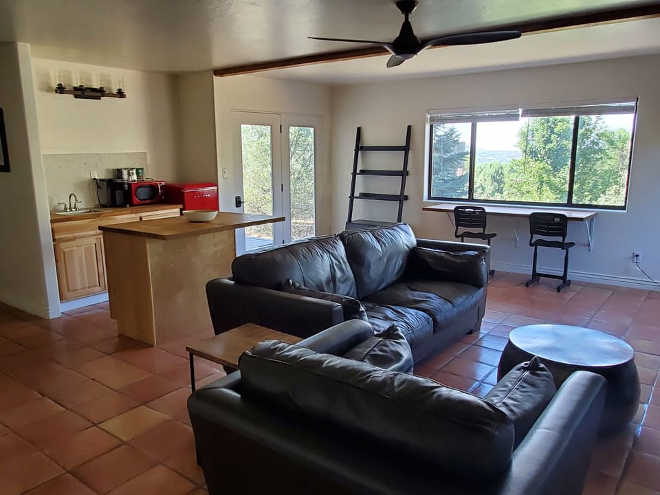 Kitchenette, island, floating desk and living room