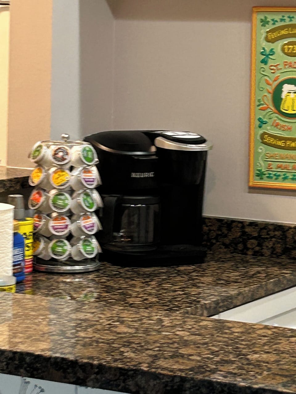 Keurig station :  Kcups or ground coffee to brew. Assorted teas if you prefer.