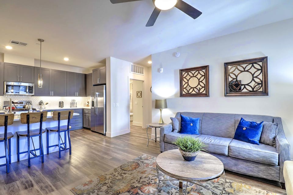 Sit back in the inviting living room with comfortable seating, stylish décor, and a smart TV for streaming your favorites.