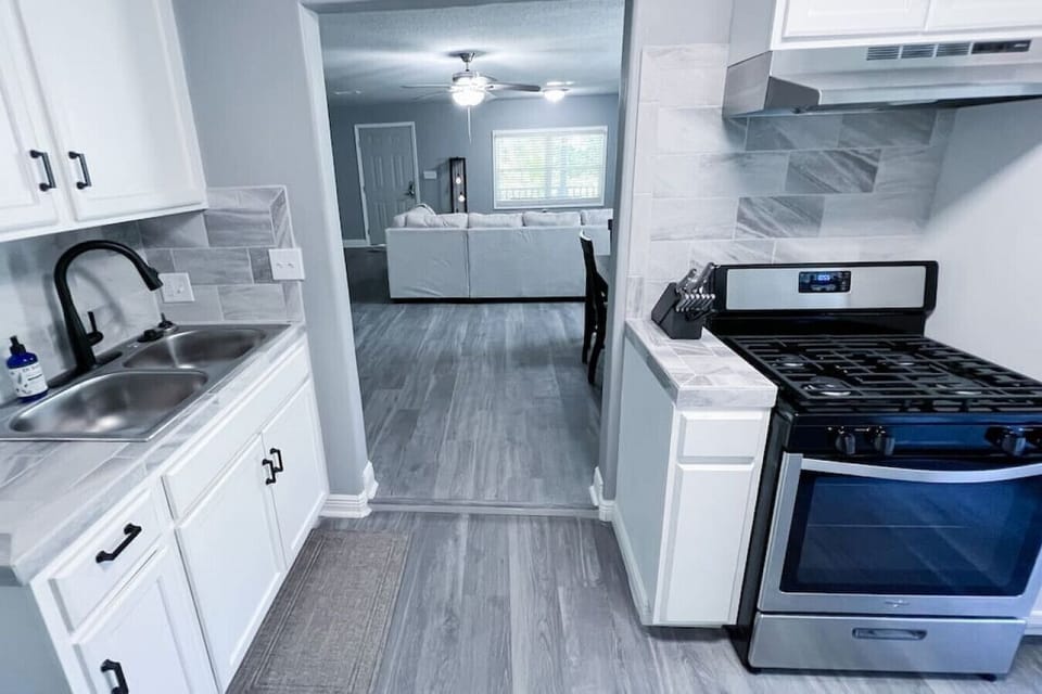 The living and dining room lead into the kitchen.