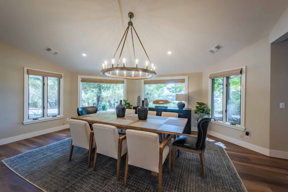Dining room surrounded by windows