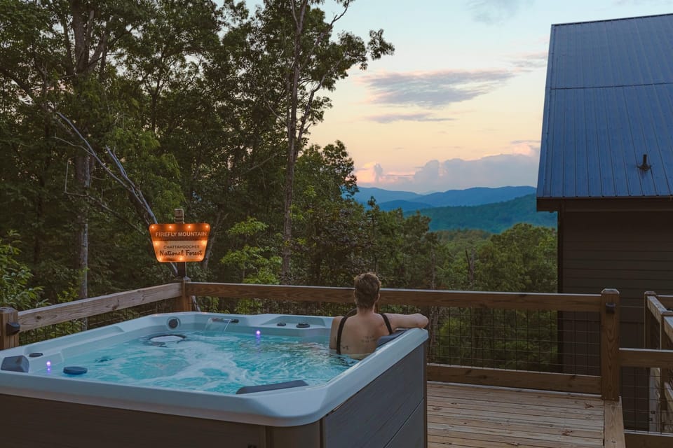 The hot tub deck and sign