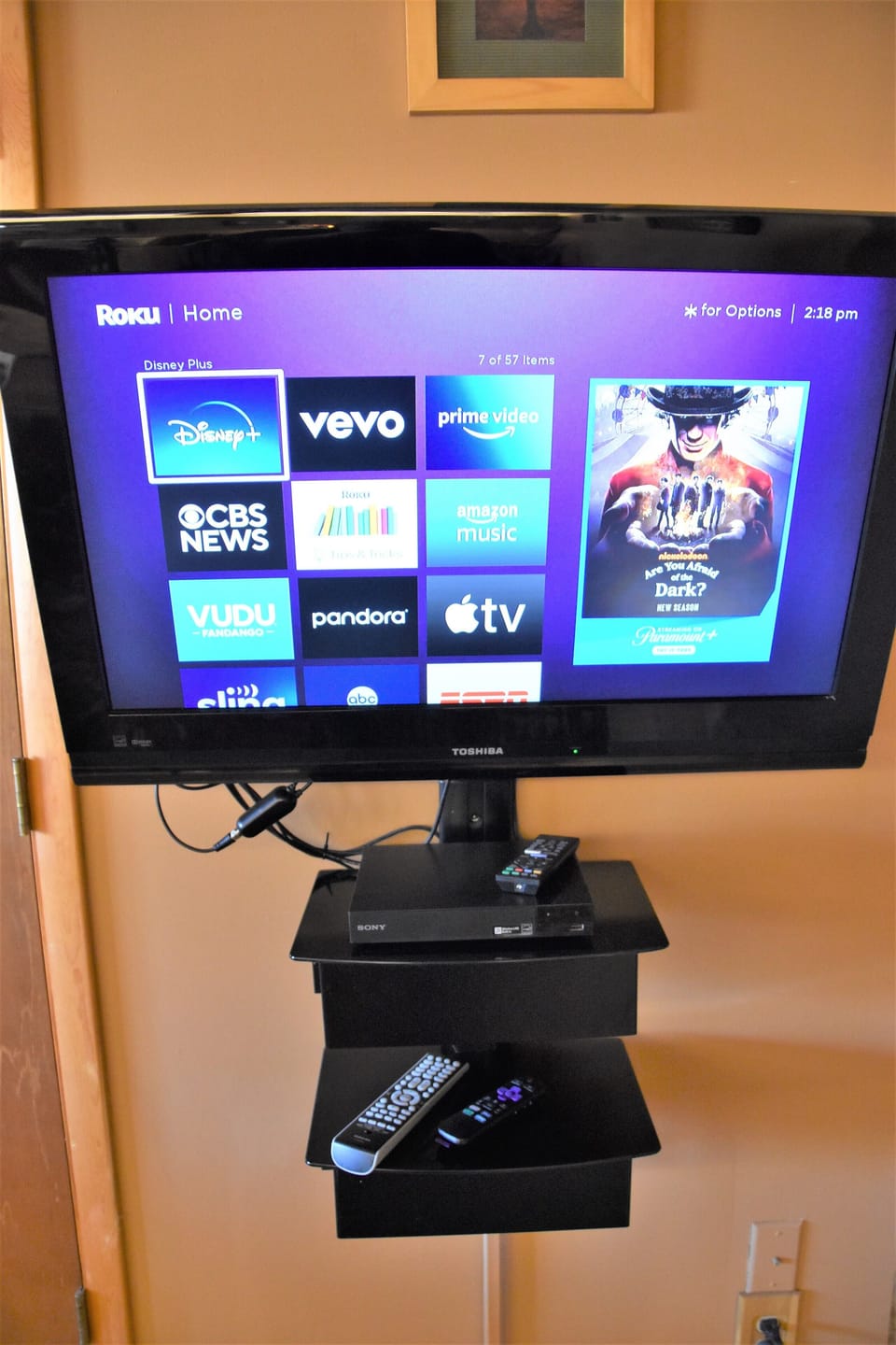 Roku w/ free Netflix, Amazon, Disney+, DVD player, local channels.