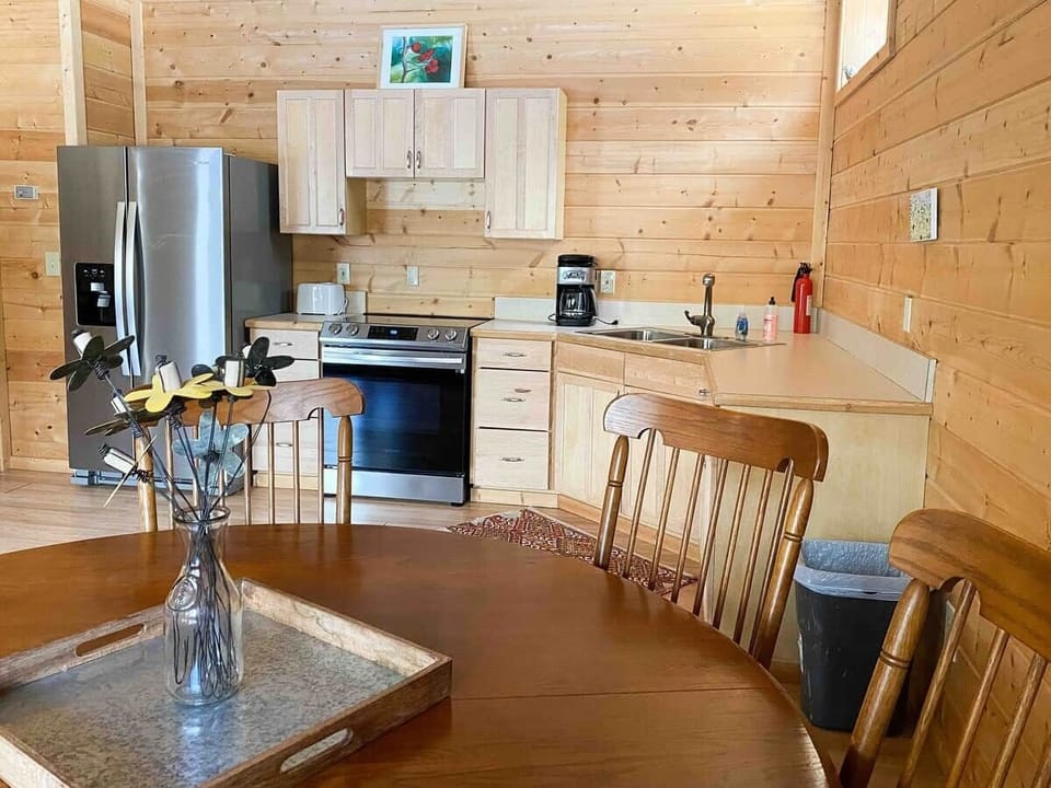 Basement kitchen with new stainless steel appliances 