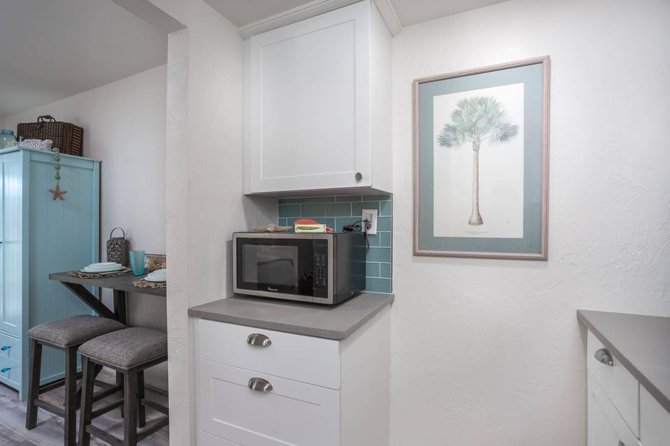 Kitchenette has new white cabinets, a microwave, toaster, blender, and other basic cooking essentials