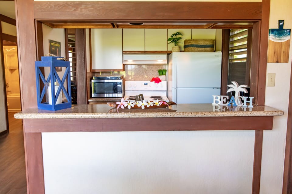 Kitchen area with a view looking out to the ocean
