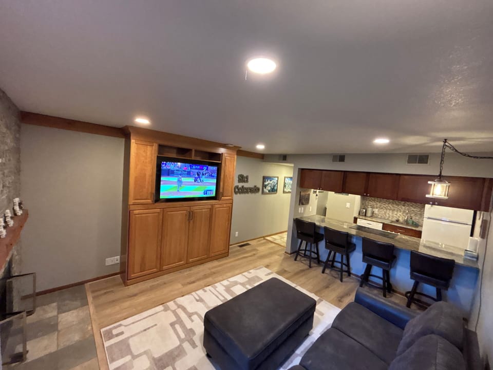 Living Area with Murphy Bed folded into place for relaxation & TV by fireplace