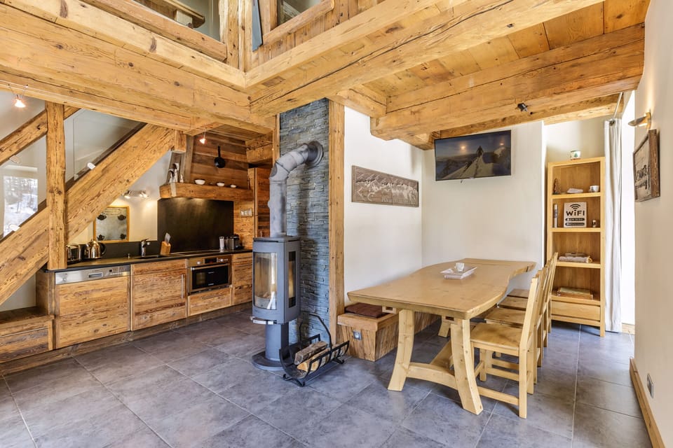 Dining area with by log fire