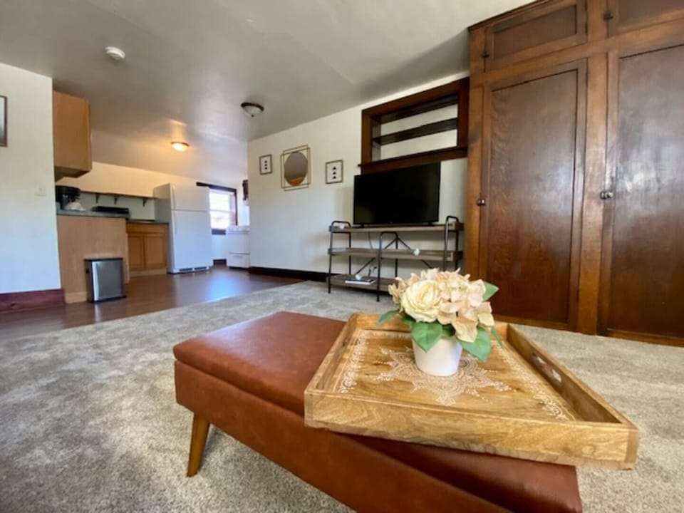 Spacious living room with built in closet for storage and private access to a small second floor patio.