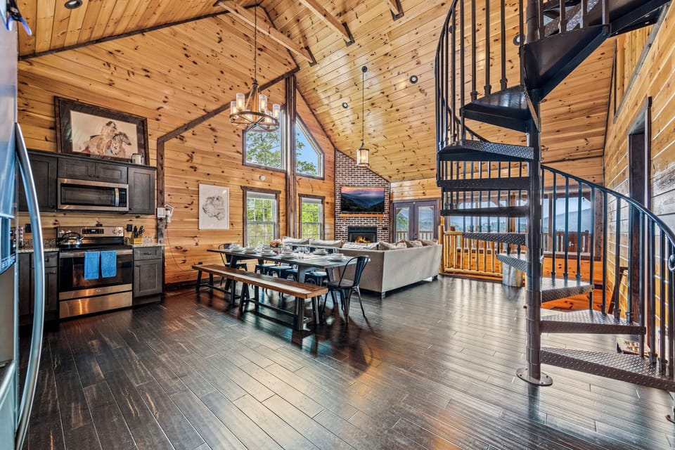 Bird's eye view of luxury – the living space showcases a harmonious blend of rustic wood and contemporary design elements 