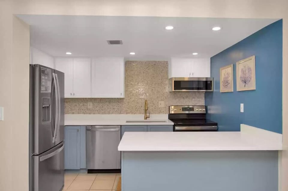 Fully equipped kitchen, fridge has a filter for water and ice