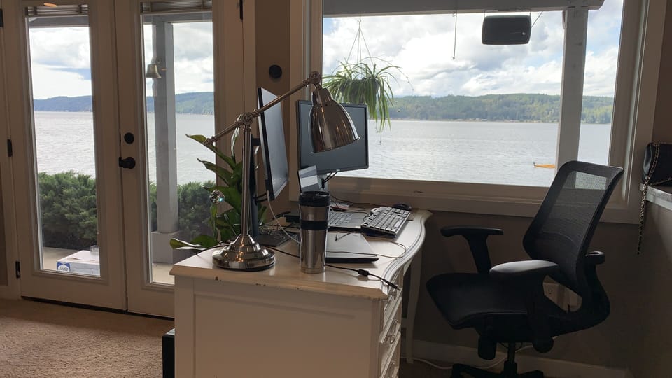 In case you want to get some work done: 2 monitors, keyboard, mouse, ergo chair…