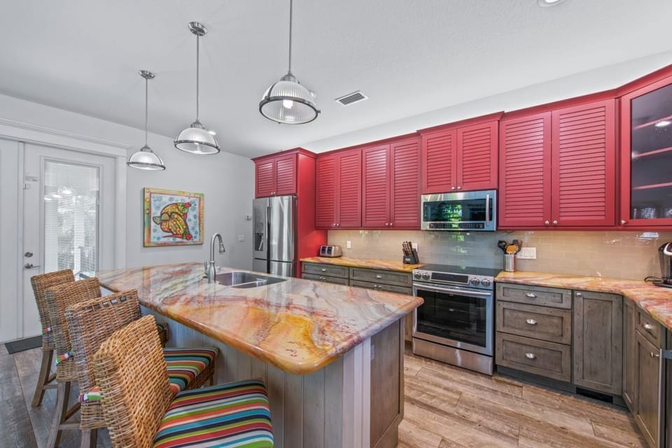 Kitchen with large island with seating