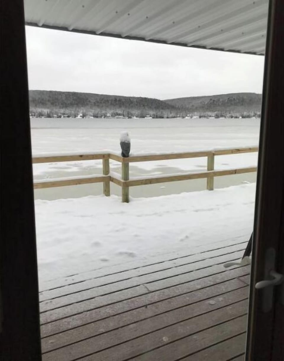 View from within the camp looking out on the frozen water.