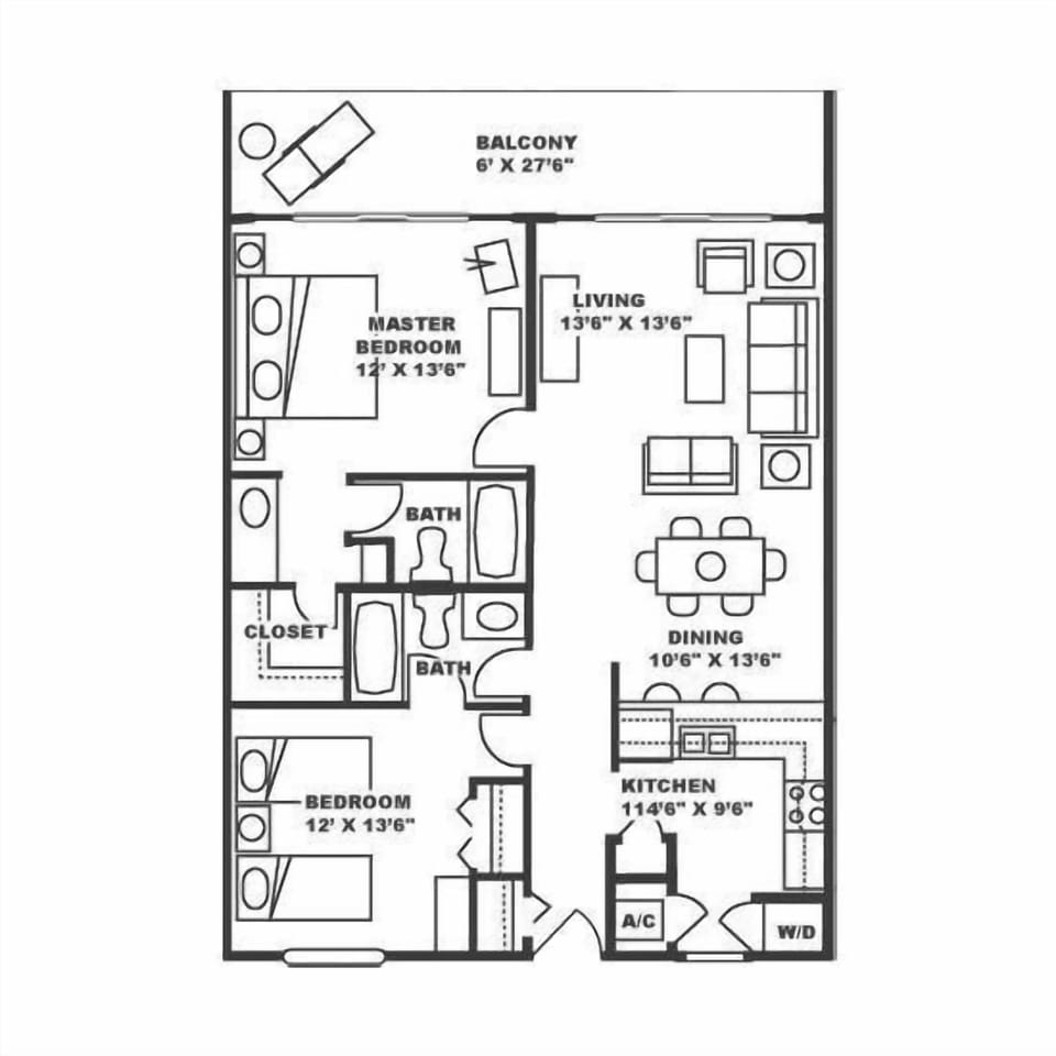 Representative floor plan.  Please see our descriptions and photos for actual furnishings and placement.