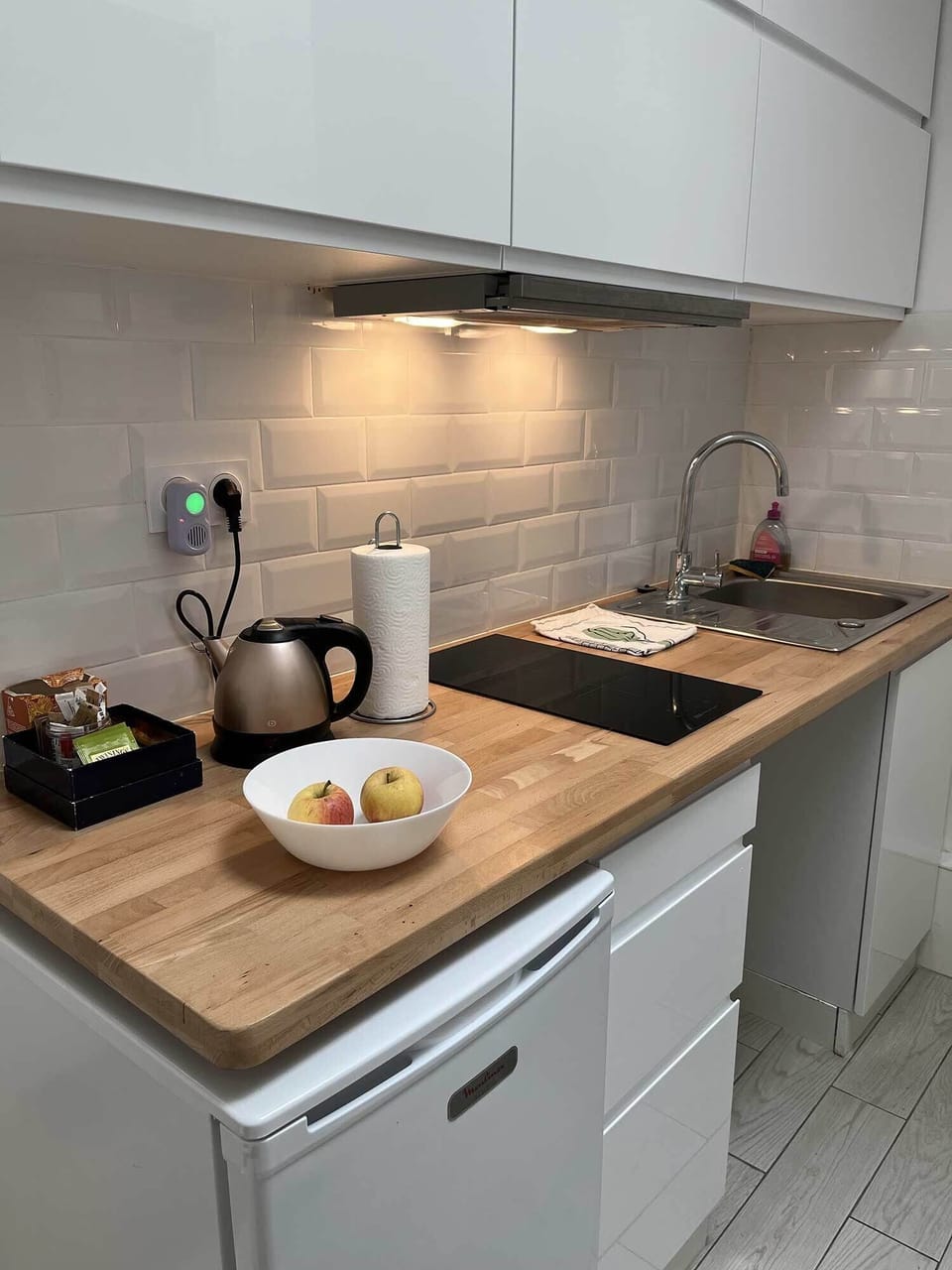 kitchen, refrigerator, freezer, stove, tea and coffee kettle, sink, plates, etc