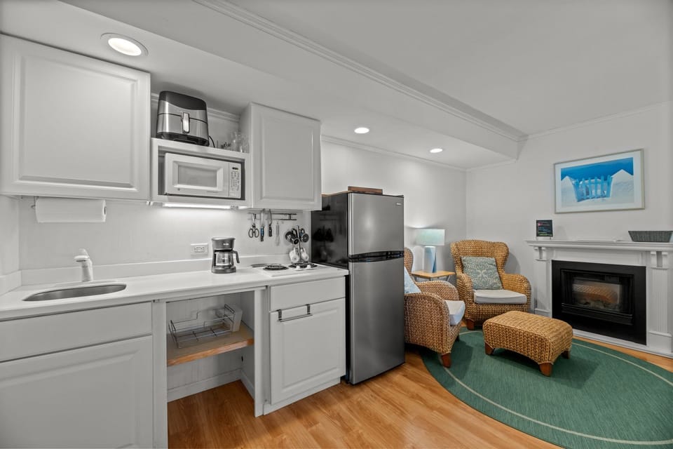 Kitchenette with mini fridge, microwave, 2 burner stove, coffee maker