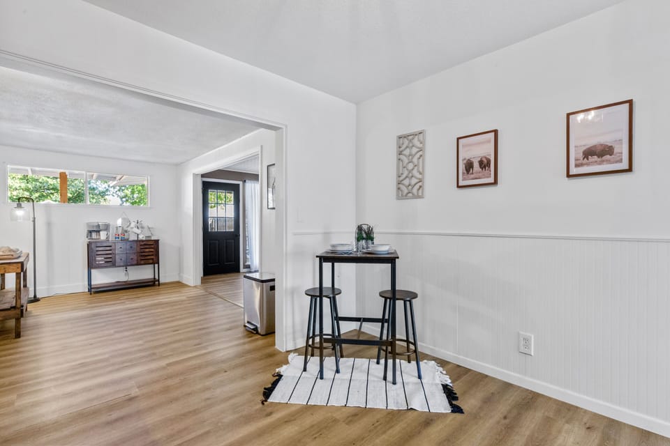 The kitchen flows into the living room and dining room.