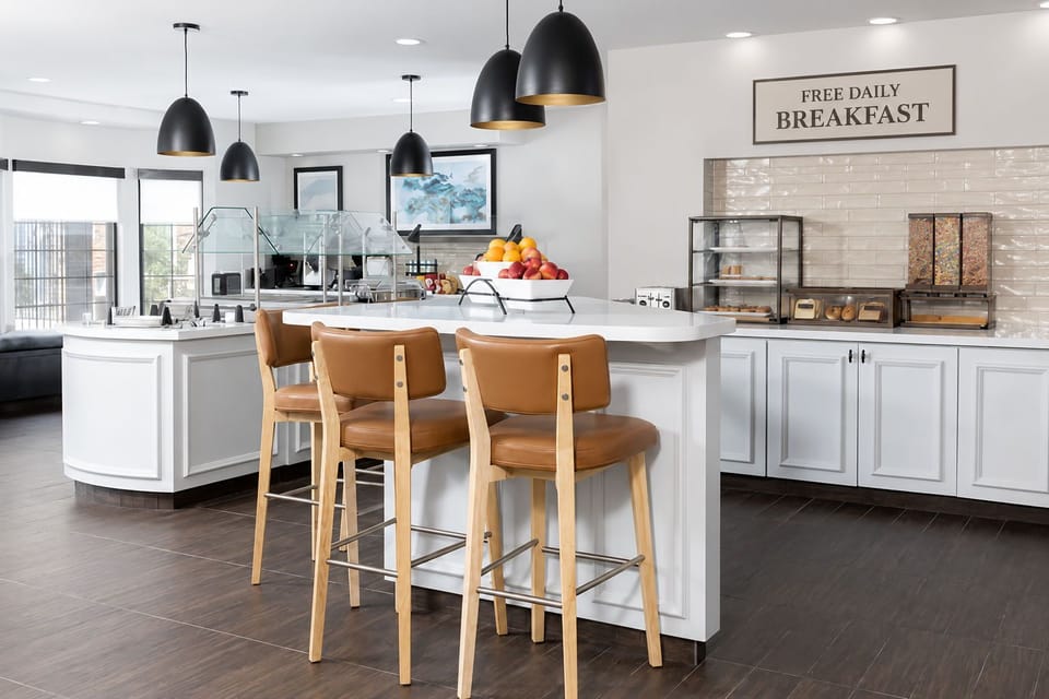 Served hot breakfast with egg station, fruit, and pastries available daily
