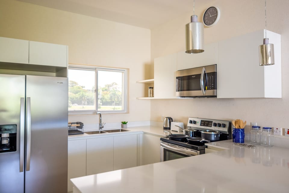 Fully equipped modern kitchen with lots of natural light. 