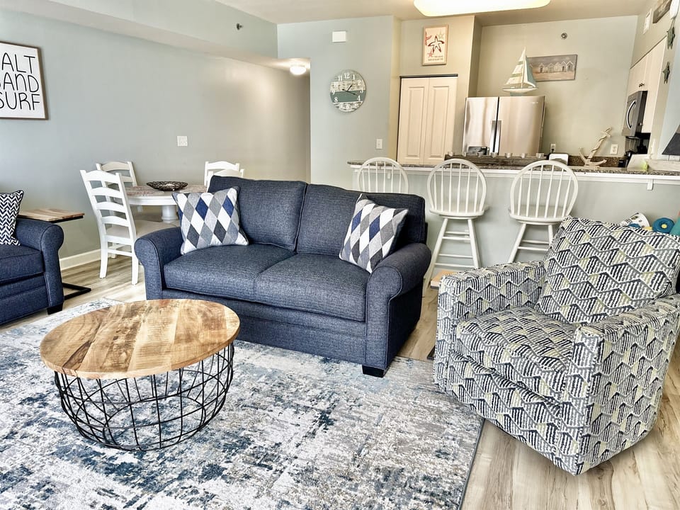 Beachfront Living Room • Queen Sleeper Sofa • Lagoon & Gulf Views • Smart TV • Family-Friendly Space