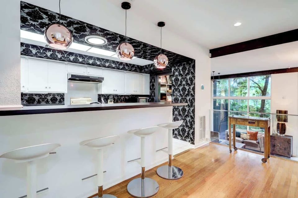 Kitchen counter overlooking the living room.