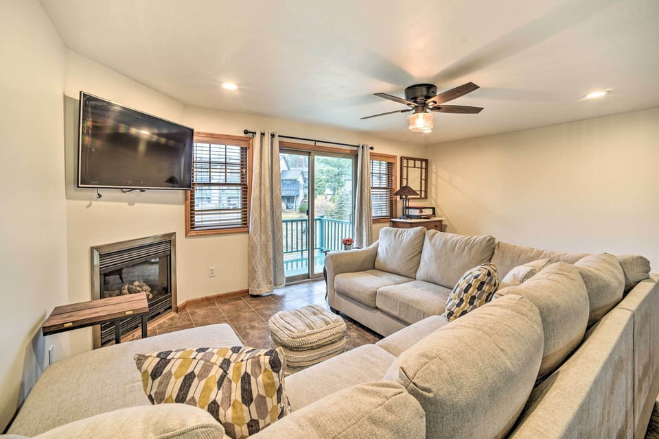 8 person couch, TV & Gas Fireplace