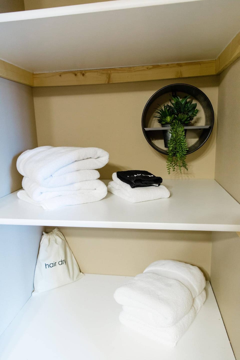 Towels, makeup towels and hair dryers provided.