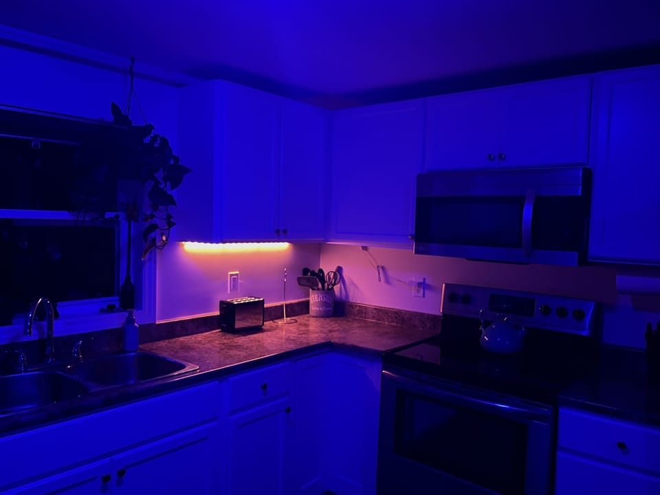 The kitchen lit up at night