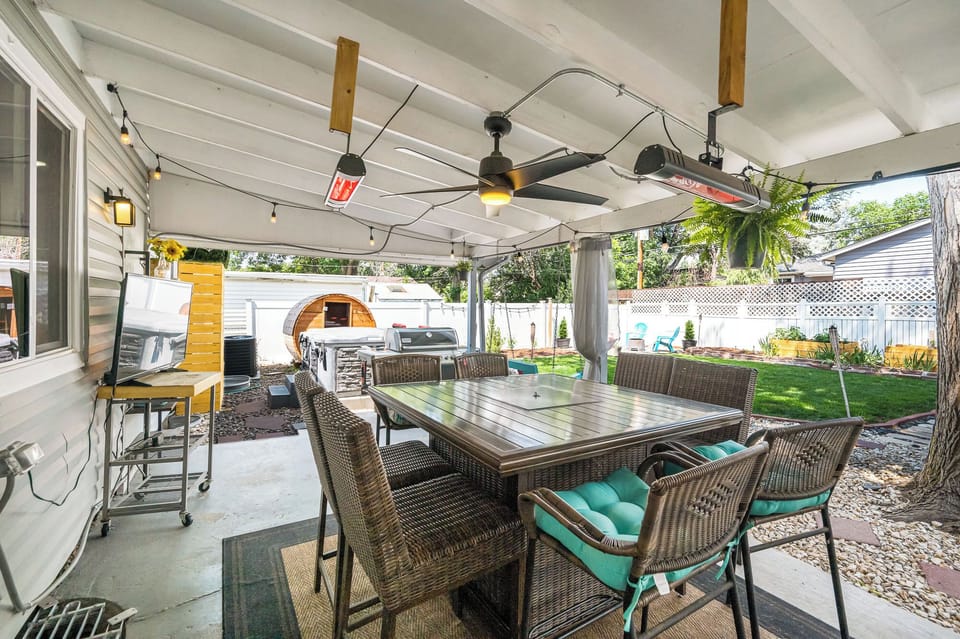 Outdoor table with heat lamps