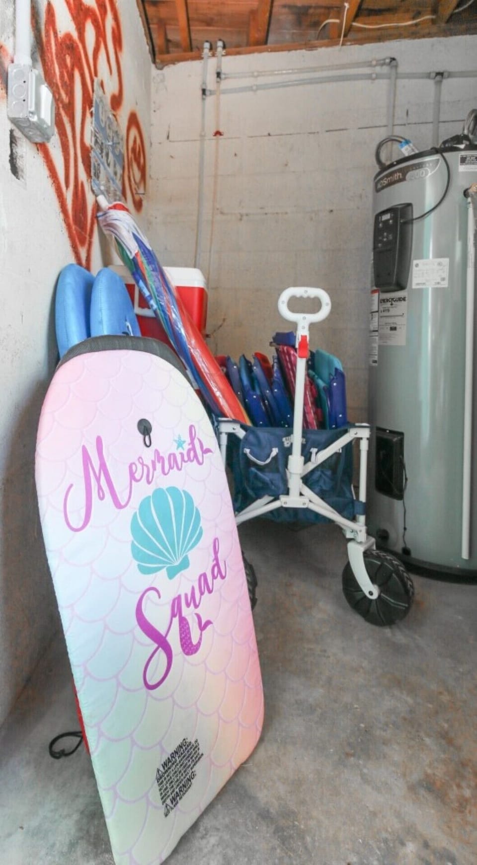 beach supplies in the carport storage