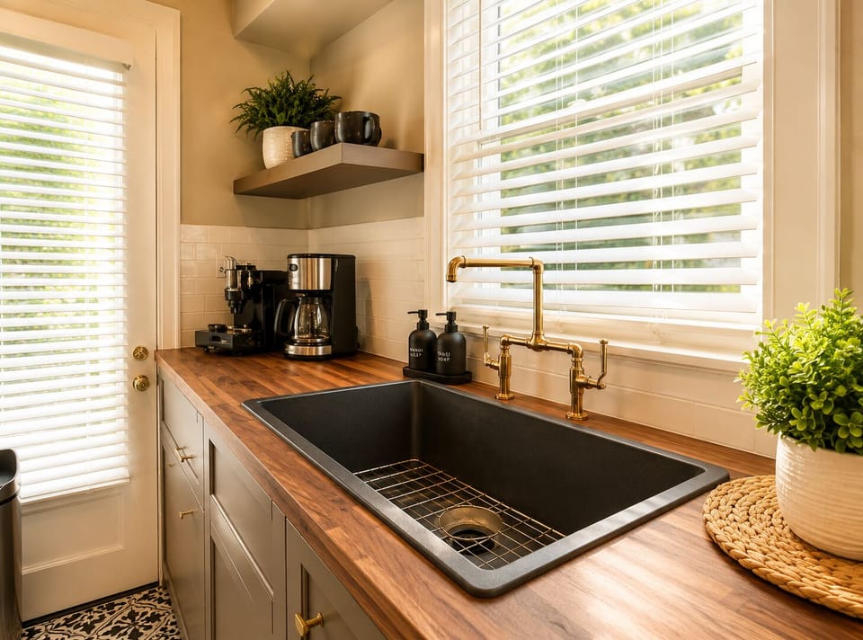 The kitchen features a deep sink with a convenient wire rack, surrounded by large, fully equipped appliances to make meal prep a breeze.