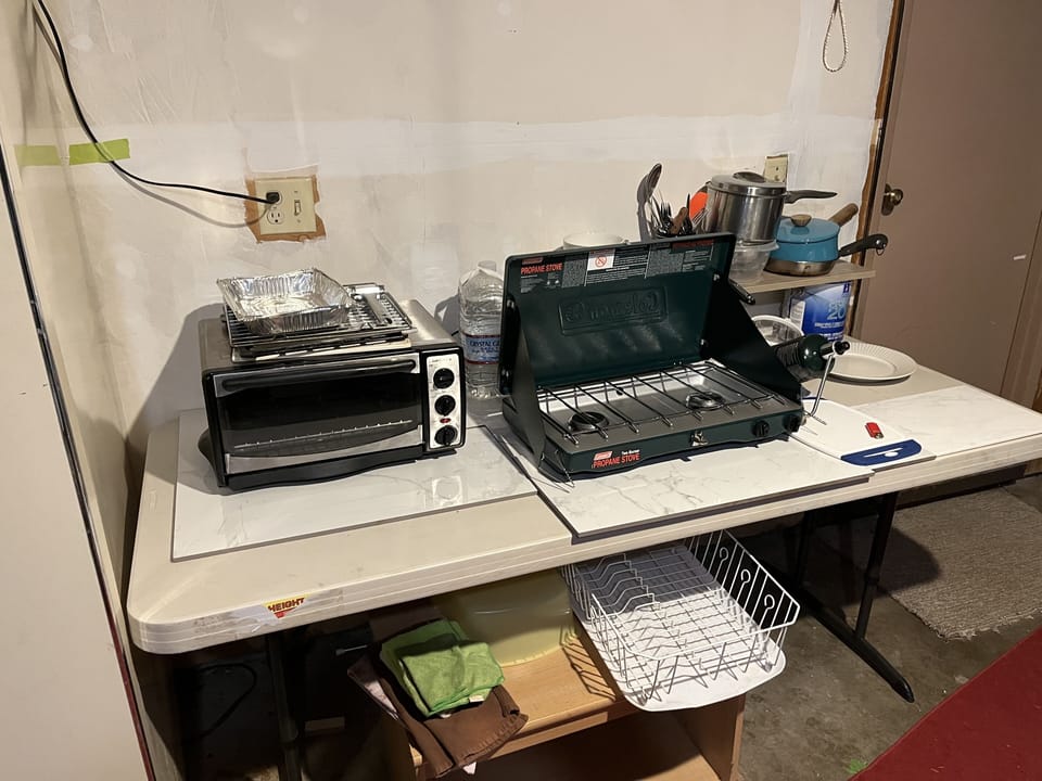 Toaster oven, gas cooktop in the garage