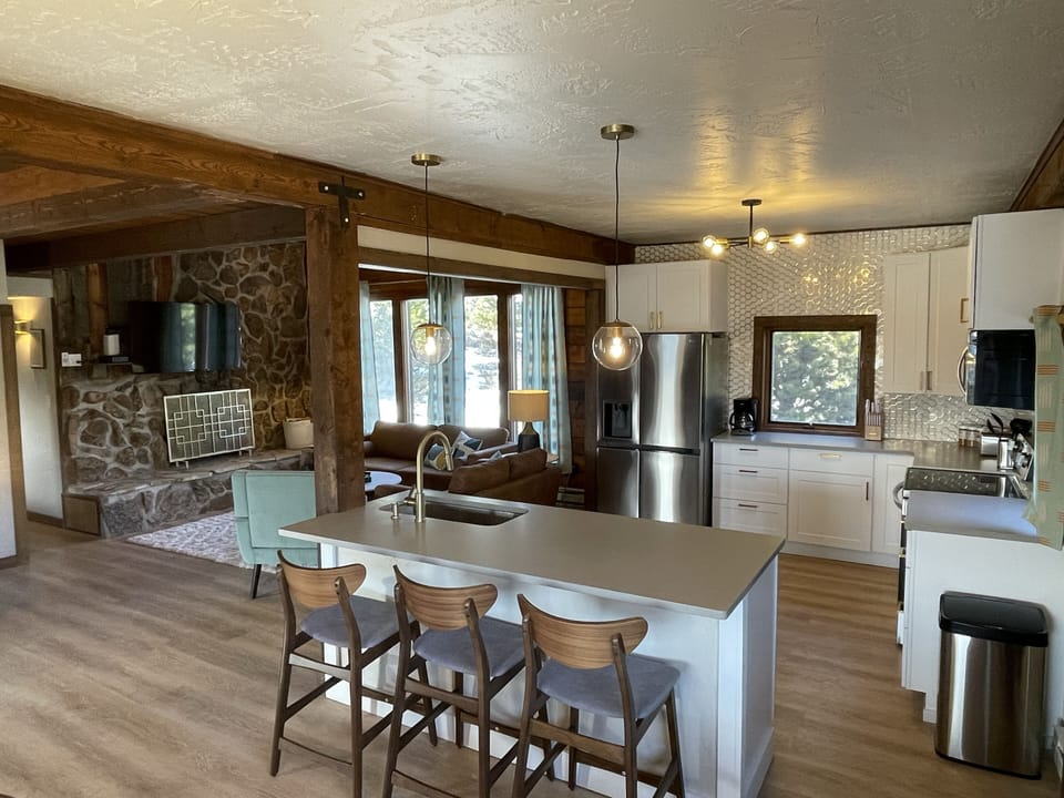 Looking from the dining area to the very large and spacious kitchen. 