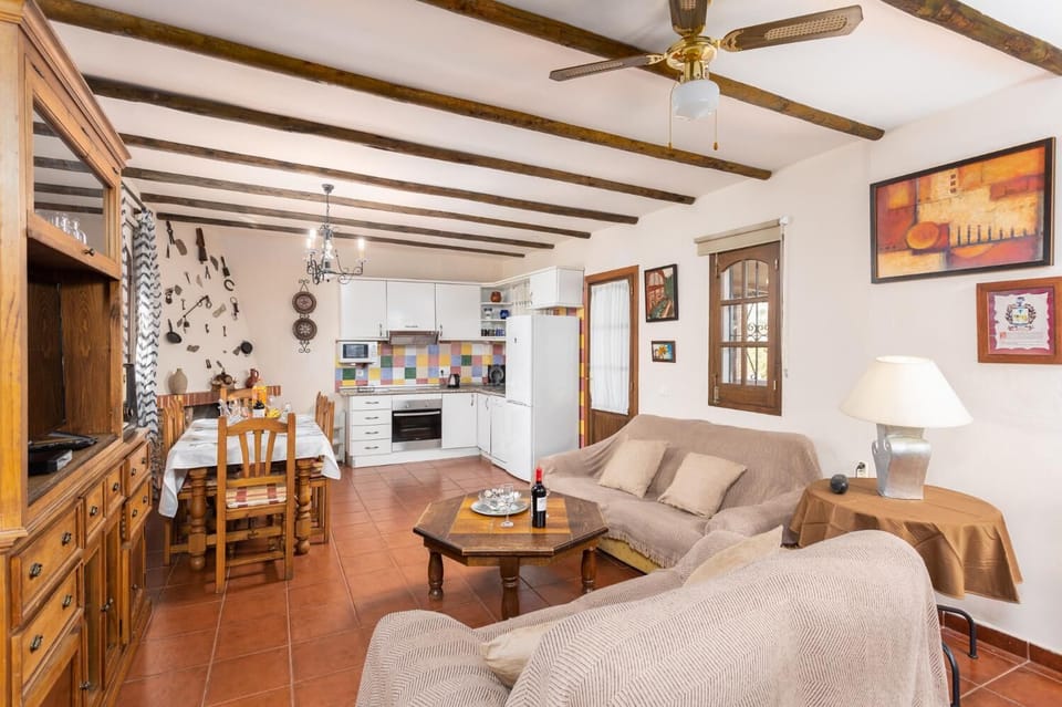 Open-plan living room with sofas, dining area, kitchen, ornamental fireplace, WiFi internet, and satellite TV