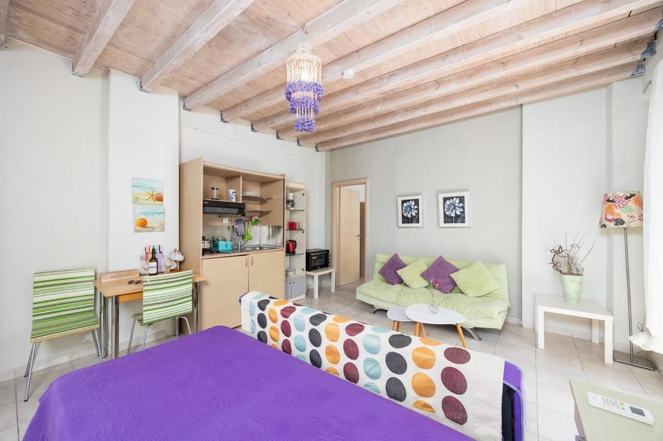 Open-plan living room with sofas, dining area, kitchen, A/C, WiFi internet, and satellite TV