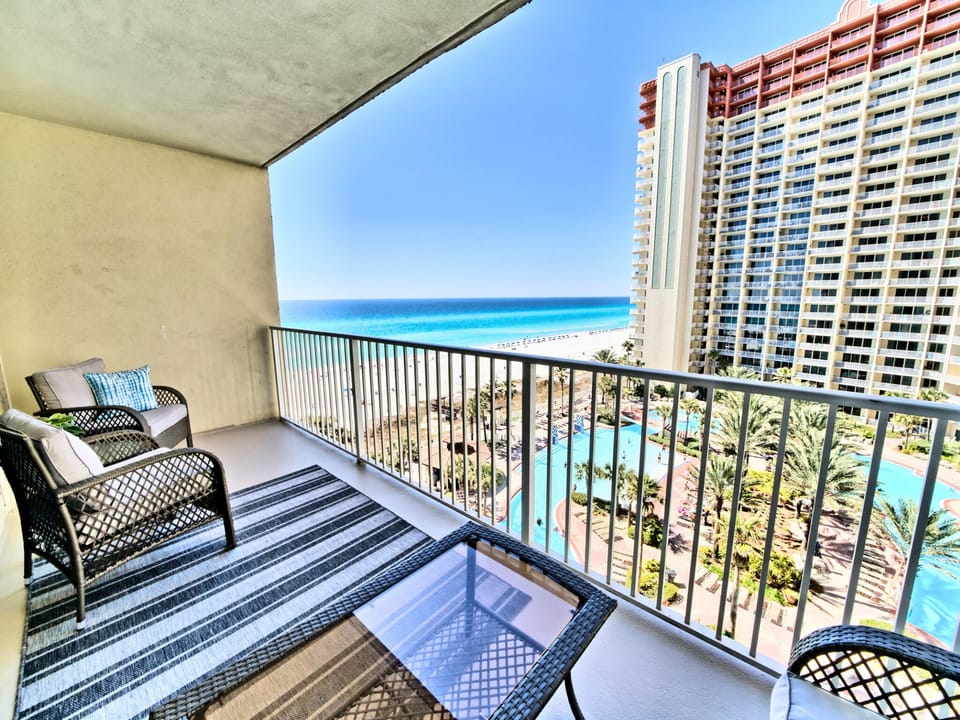 Spacious balcony with balcony furnitures.