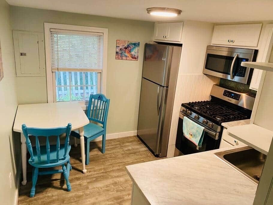 Kitchen table, stainless steel appliances