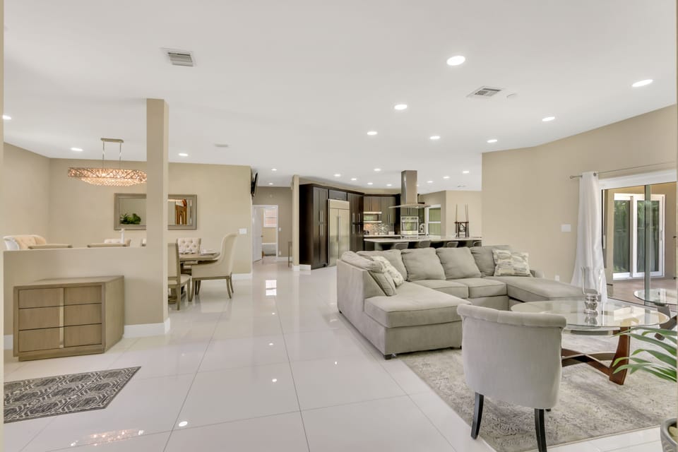 LED ceiling lights illuminate the entirety of the home